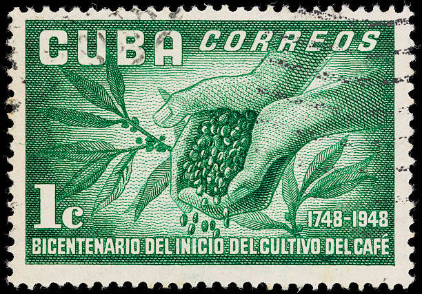 Cuba coffee plant and beans postage stamp